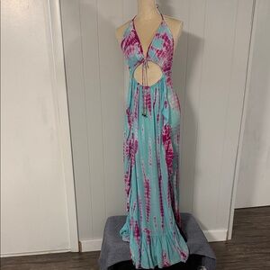 Surf Gypsy Large Tie-Dye Halter Cutout Maxi Dress in Aqua & Magenta